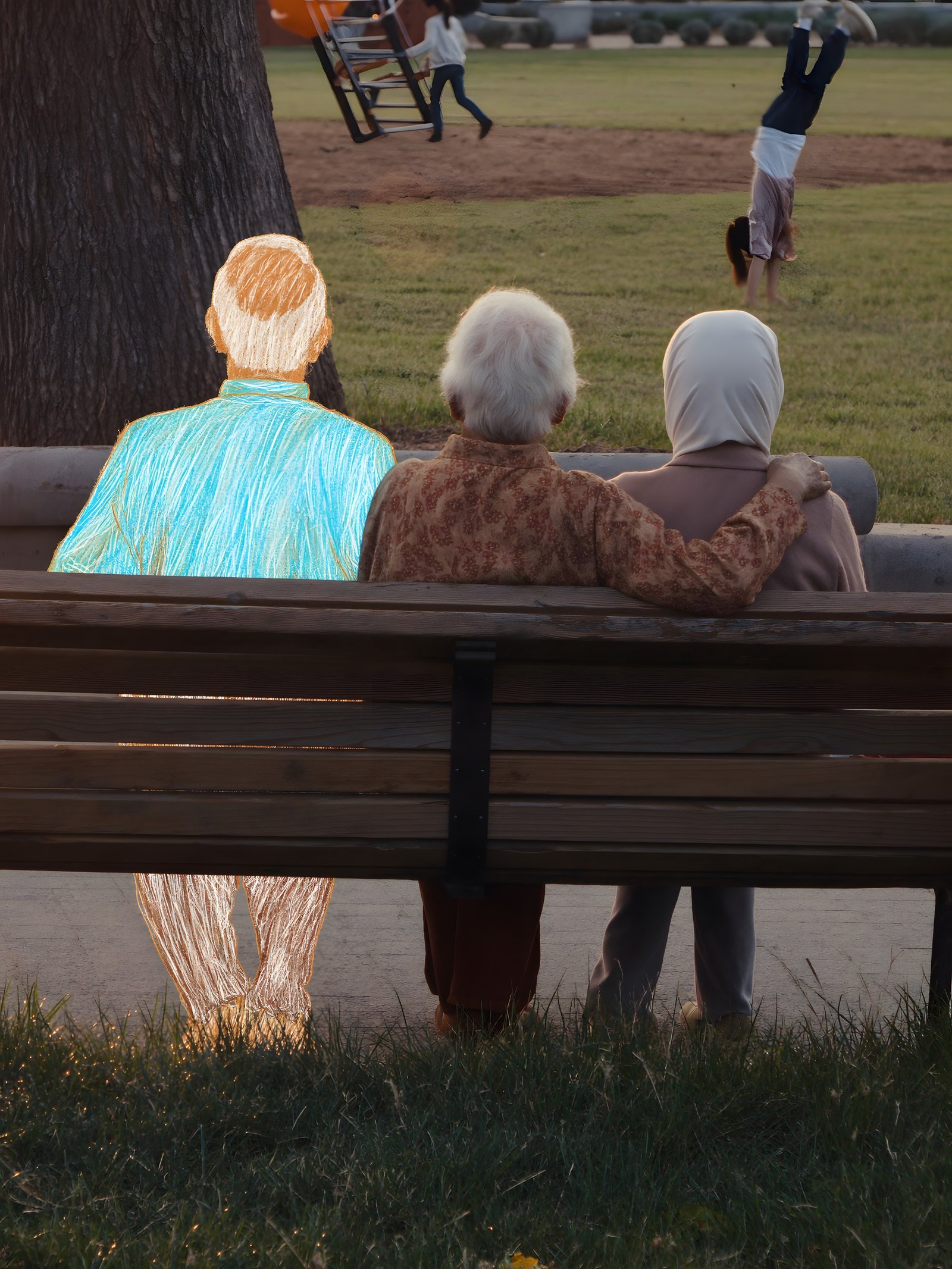 Three elderly people on a park bench seen from behind at dusk; the man on the left is drawn in crayon; children play far behind