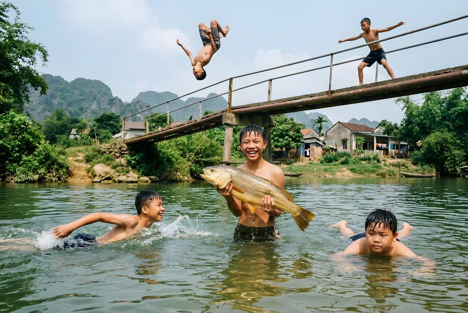 Five boys at a river in the Vietnamese countryside: one mid back flip from a footbridge, one balancing on its rail, one holding up a large golden fish, one swimming hard, one floating on his back