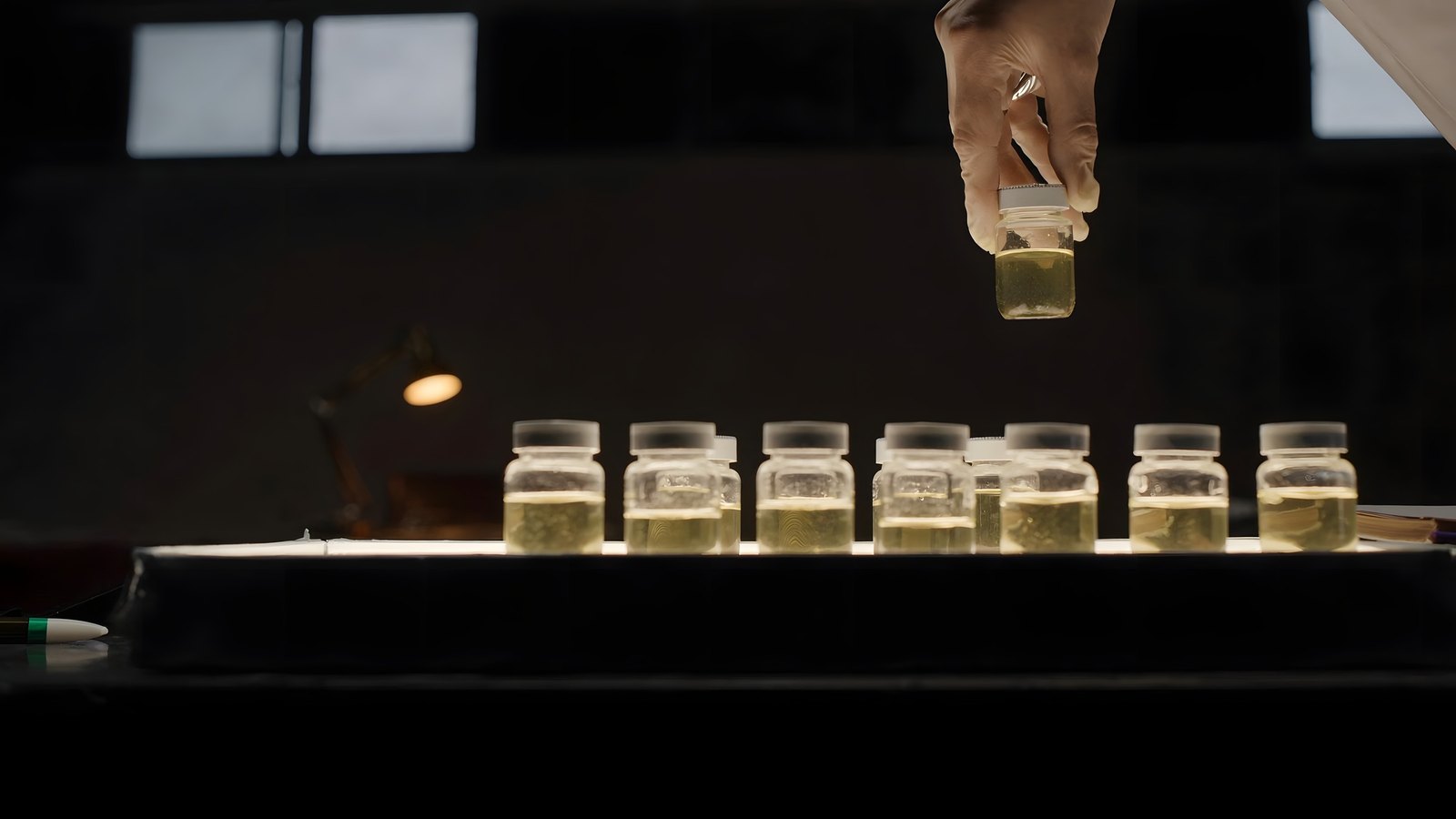 A hand lifts one small vial of pale liquid from a row of vials standing on a light box in a dark laboratory