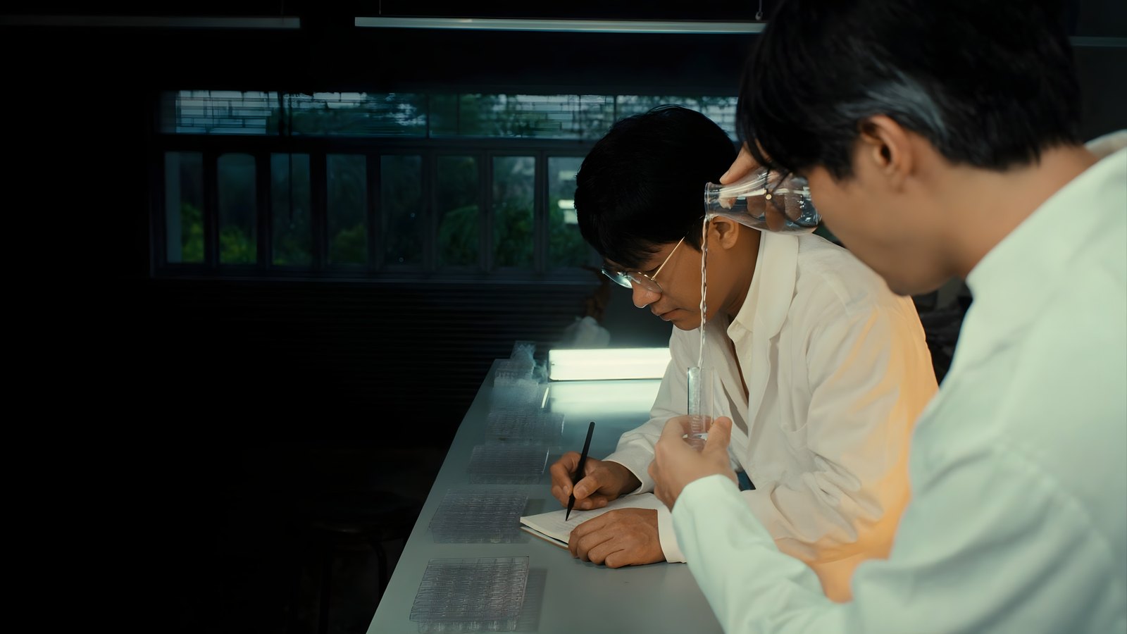 Two researchers at a long bench at dusk: one pours a clear liquid into a measuring cylinder, the other writes in a notebook