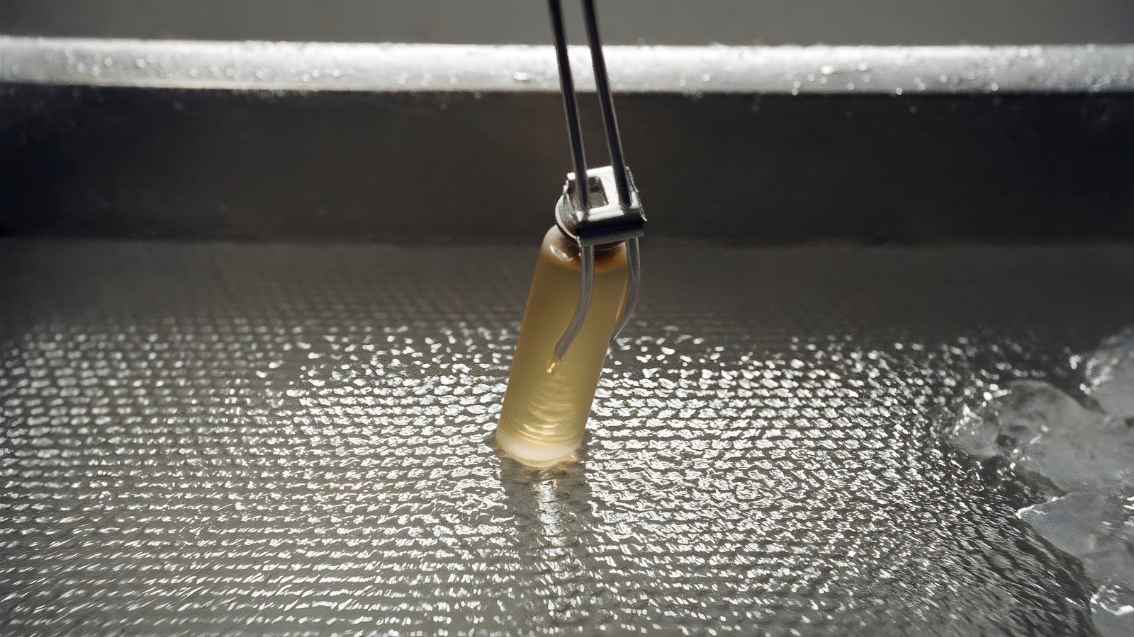 A sealed vial of pale amber liquid held by a clamp in a chilled bath whose surface is covered in fine, even ripples