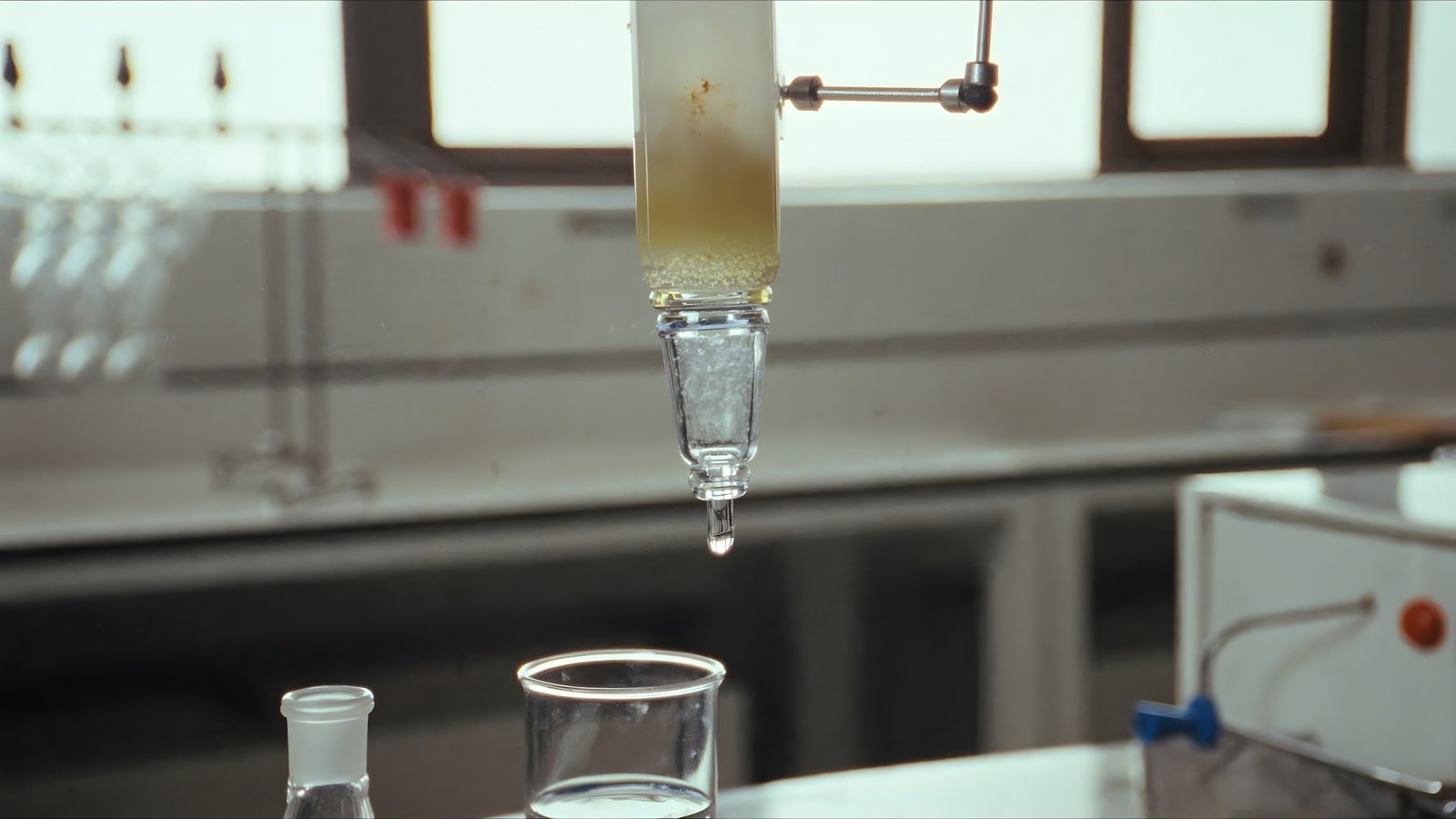 A glass column clamped upright in a bright laboratory; a clear drop falls from its tip toward a beaker