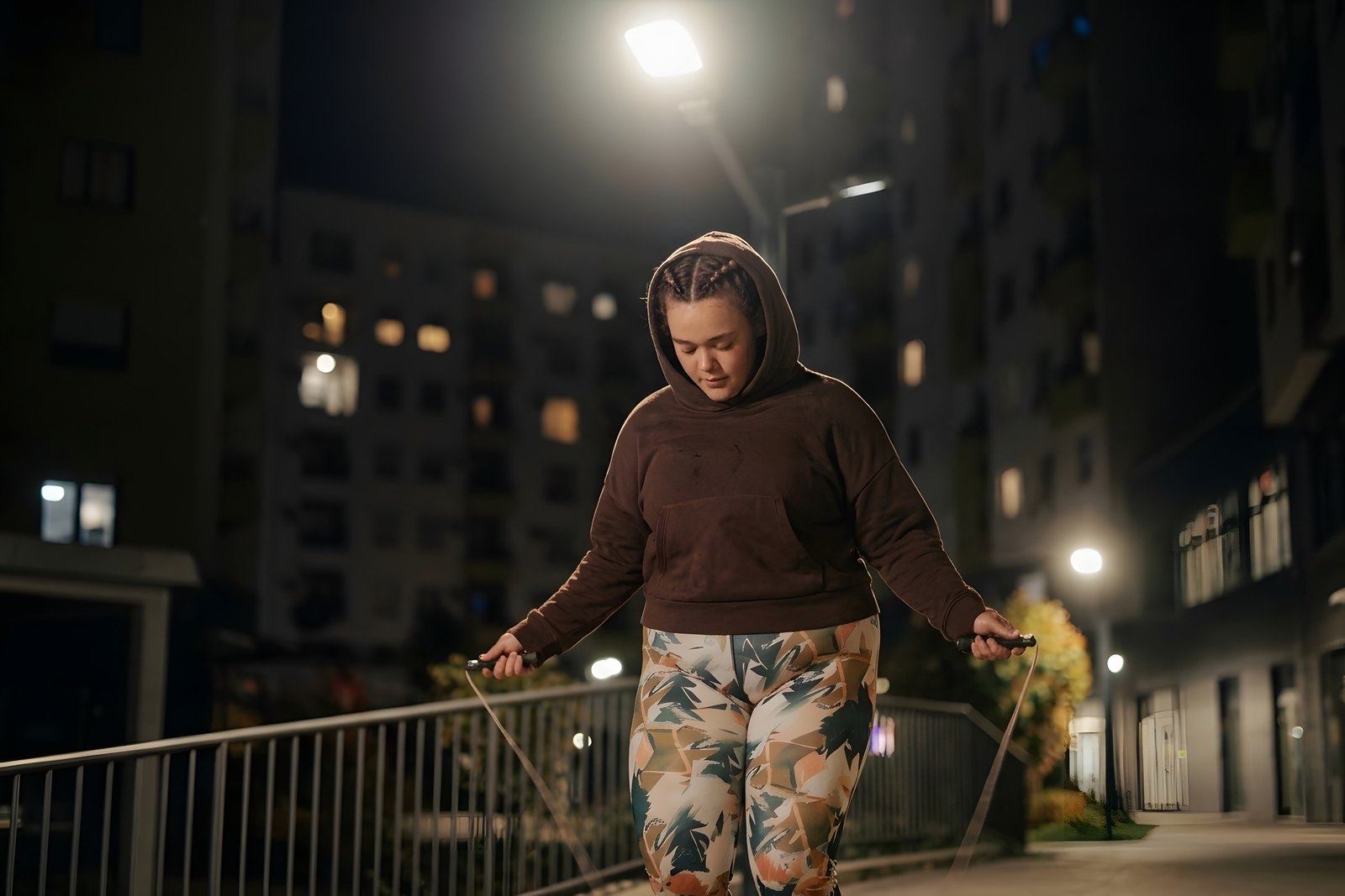 A woman in a hooded top skipping rope under a street lamp at night