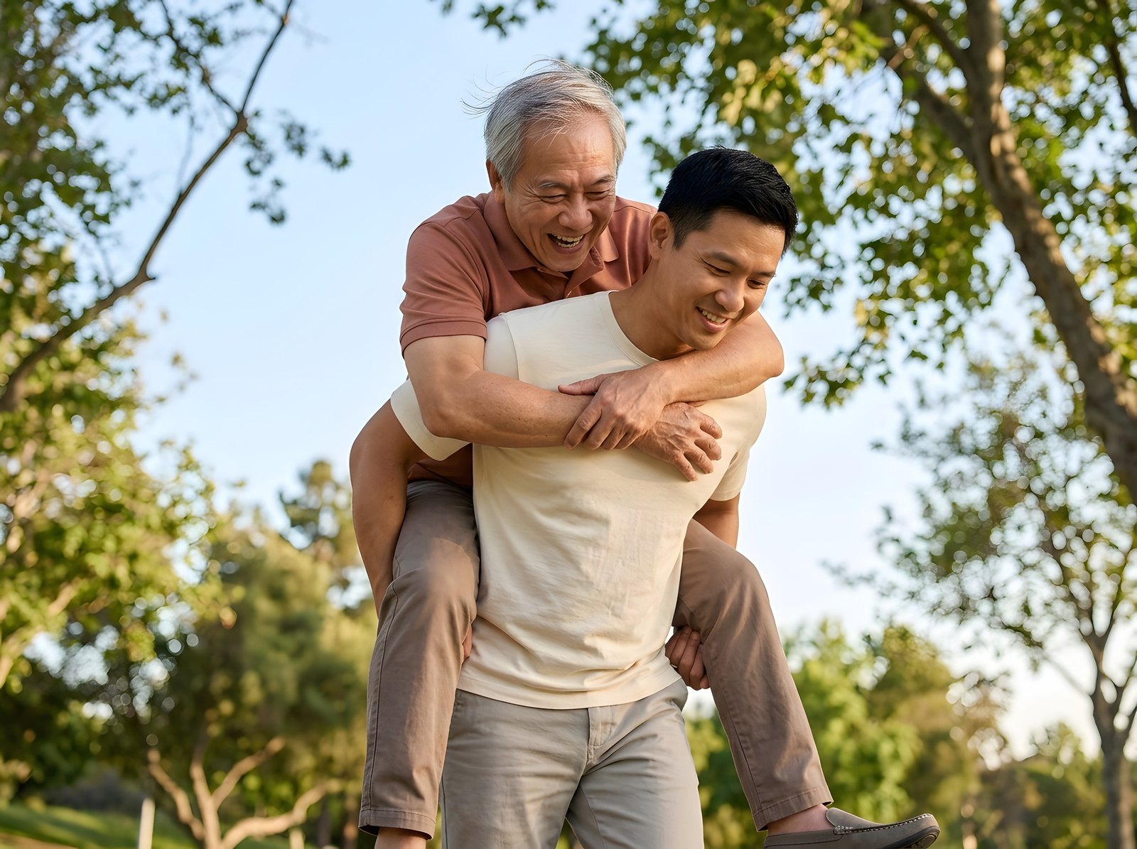 A man carrying his laughing elderly father on his back in a park