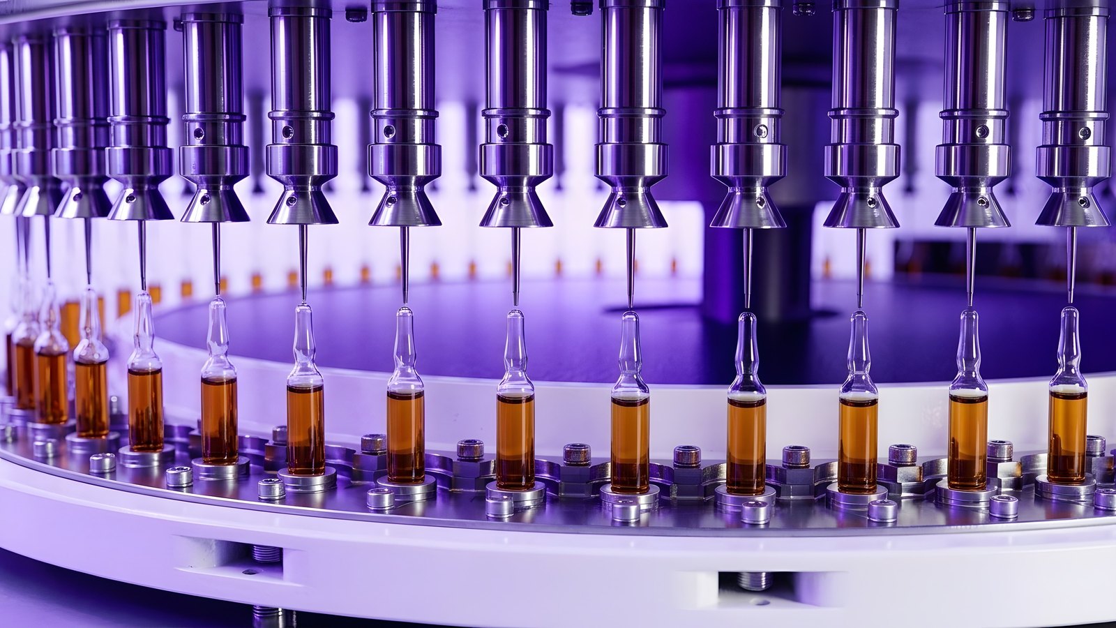 A ring of glass ampoules of amber liquid under chrome filling nozzles, in ultraviolet light