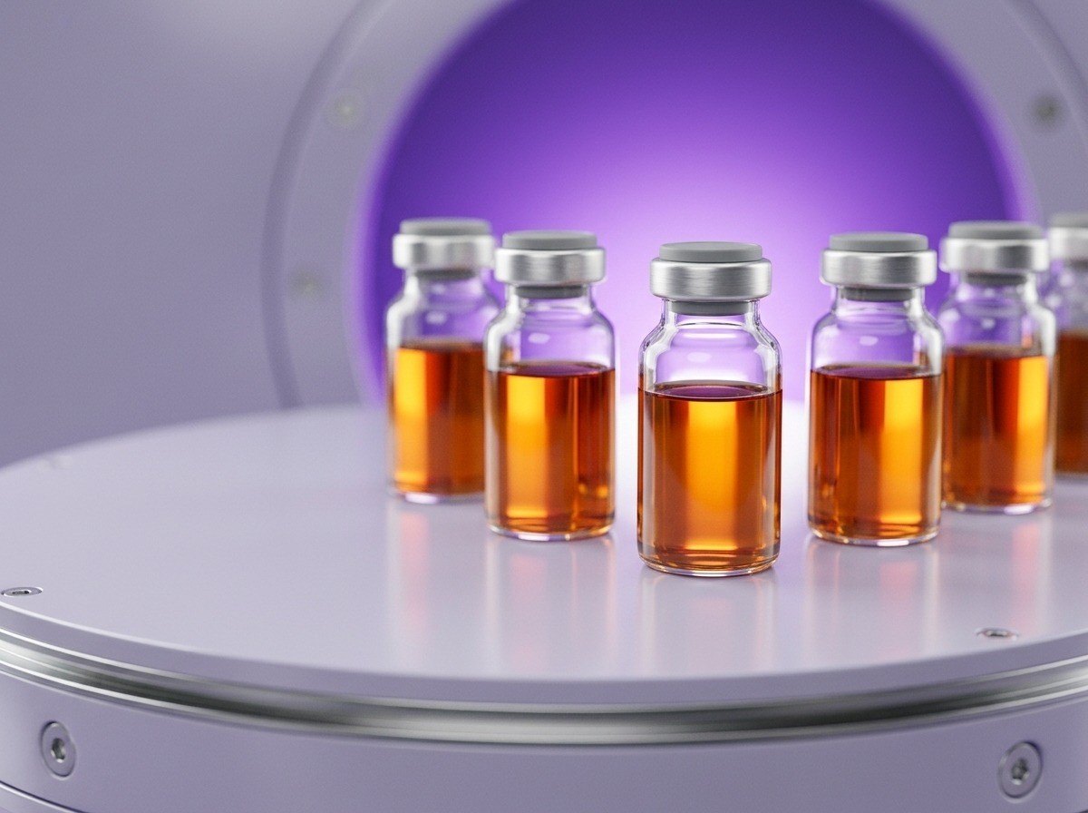 Glass vials of amber liquid on a turning steel plate under violet light
