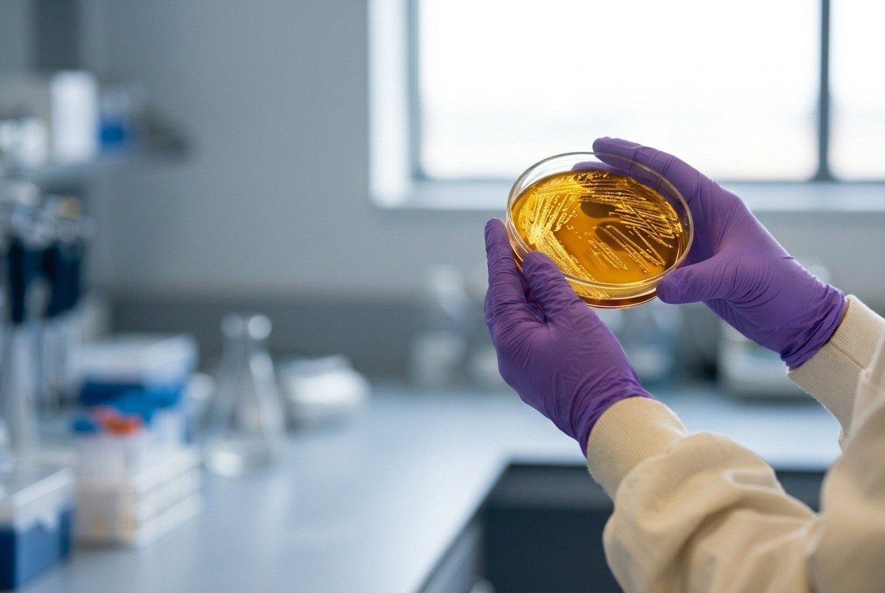 Two hands in purple nitrile gloves holding a glass dish of gold culture up to a laboratory window